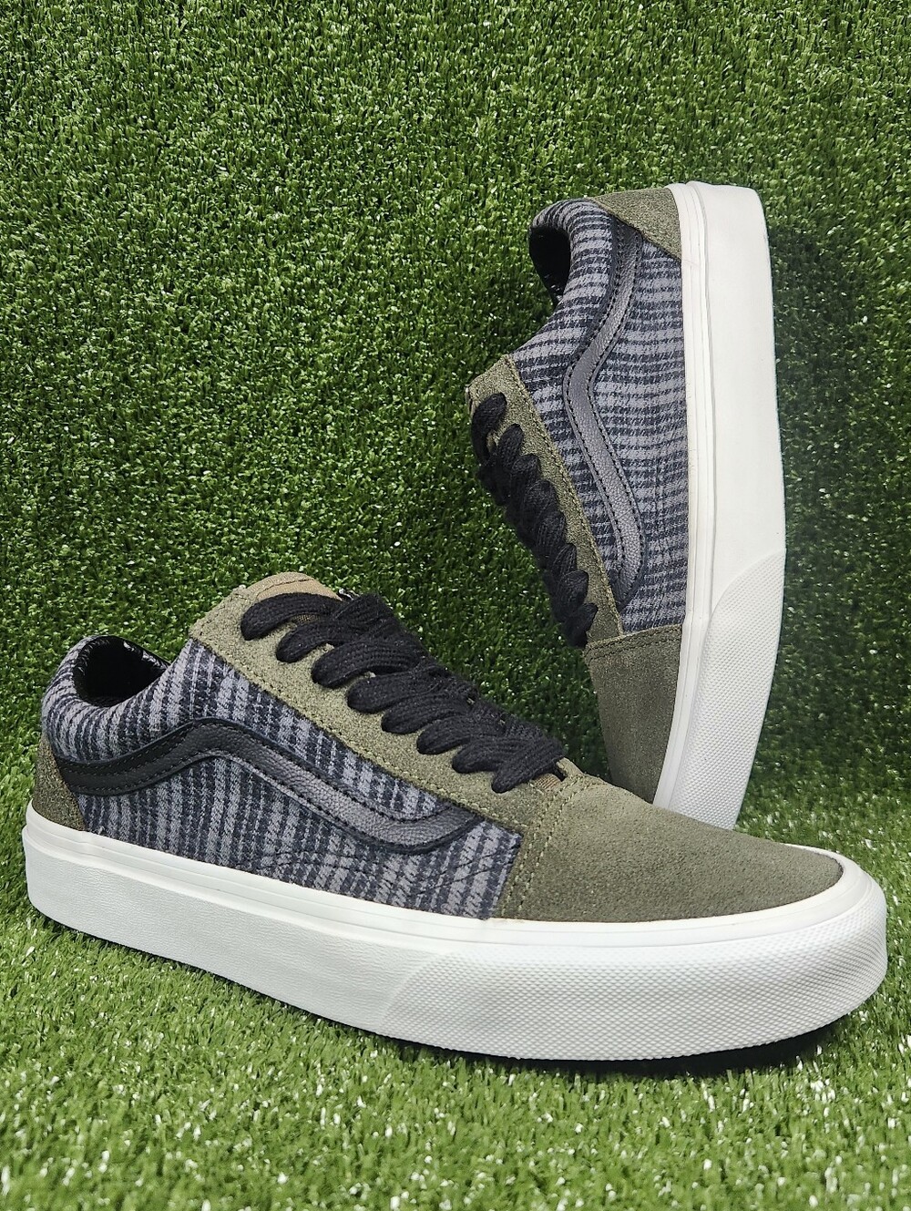 Vans Men's Classic Old Skool Plaid Geen Olive Leather Sneakers Shoes Size 6.5
